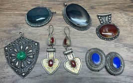 Vintage Artisan Pendant Pin Earring Lot Metal Stones CV JD - $29.69