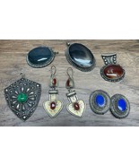 Vintage Artisan Pendant Pin Earring Lot Metal Stones CV JD - $40.58 CAD
