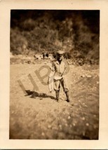 1950s Snapshot Photo Military Man w/ Trout Fish on Beach Bank B&amp;W Picture - $14.49