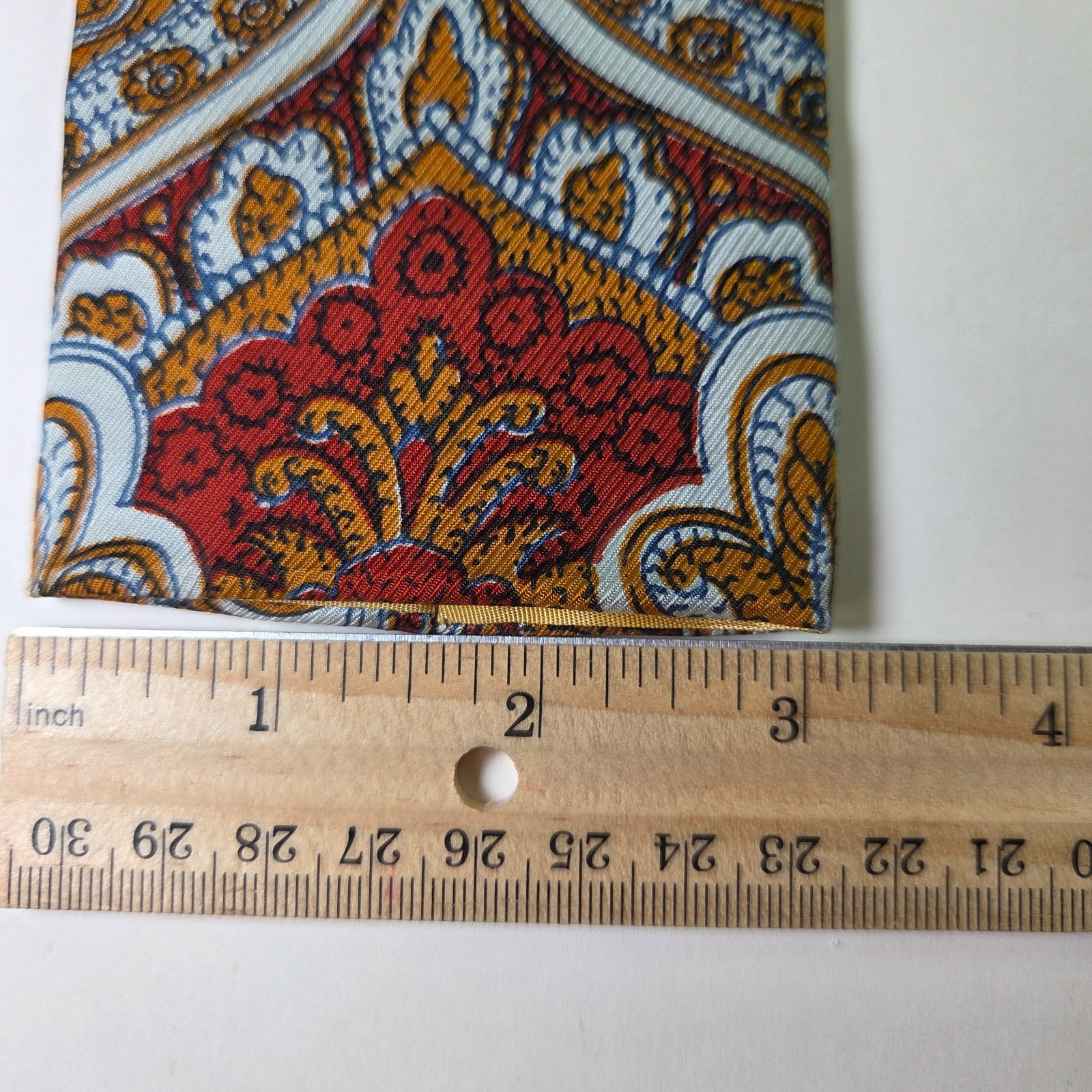 Vintage Rooster Flat Tip Tie Paisley Red Gold White Hand Printed USA 3.25" Item image 4