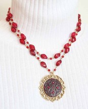 Elegant Baroque Red Rhinestone &amp; Plastic Bead Statement Necklace - £9.80 GBP