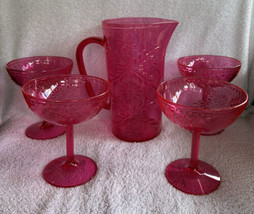 4 Bright Pink Acrylic Margarita Glasses &amp; Matching Pitcher w/Embossd Flowers New - £47.94 GBP