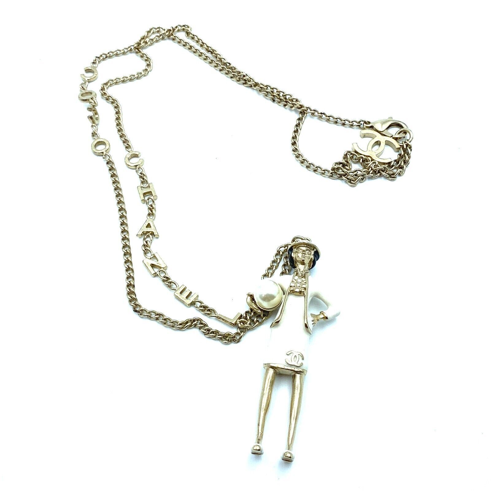 Rare Chanel Coco Mademoiselle Figurine Pendant Gold Tone Necklace Faux Pearl - $1,895.00