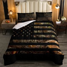 American Flag Camo Comforter Set Full,Military Hunting Bedding Set Rustic Trees  - £70.80 GBP