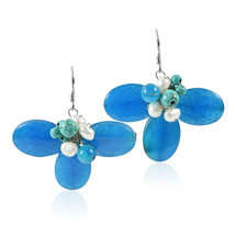 Dreamy Dark Blue Agate &amp; Reconstructed Turquoise Stone Flower Earrings - £8.34 GBP