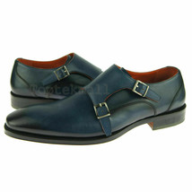 Handmade Men&#39;s Leather Toe Blue Color Magnificent Double Monk Straps Shoes-192  - £159.43 GBP