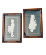 Framed Silhouette Pair Victorian Children Green Cream Ornate Wood  Boy G... - €29,67 EUR