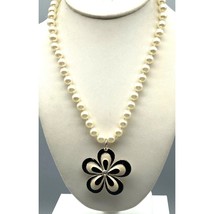 Vintage Classic Pearl Strand Necklace with Enamel Flower Pendant, White Strand - £45.63 GBP