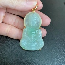 14K Solid Gold Natural Jadeite Jade Kwan Yin Lady Buddha Pendant Transparent - $858.00