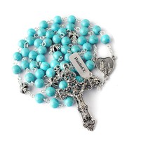 Turquoise Beads Catholic Rosary Necklace with Piece - $95.33