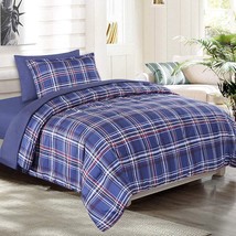Twin Bed In A Bag 5-Piece, Blue Plaid Twin Comforter Set With Sheets, Brushed Mi - £70.35 GBP