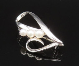 MIKIMOTO 925 Silver - Vintage Three Fresh Water Pearls Heart Brooch Pin - BP9592 - £58.39 GBP