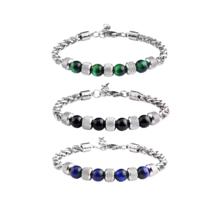 Tigers Eye Gemstone Beaded Bracelet Stainless Steel with Black Beads Sil... - $13.99