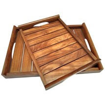 serving tray with handles wood set OF 2 vintage antique wooden - £48.29 GBP