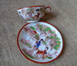 Old Porcelain China Asian Japan Cup Saucer Geisha Oriental Handpainted I... - $24.92