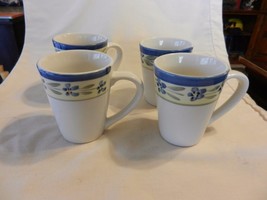 Set of Four Ceramic Coffee Cups, Sarah Pattern White with Blue and Green... - $40.00