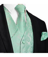 Mint Aqua Green 20-HH Paisley Tuxedo Suit Dress Vest Waistcoat &amp; Neck ti... - £19.74 GBP+