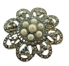 Vintage Silver Tone Flower Brooch Rhinestones Pearl Beads Costume Jewelr... - $14.92