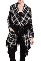 Plaid Shawl Cardigan with Fringes (Black/White, L) - £31.58 GBP