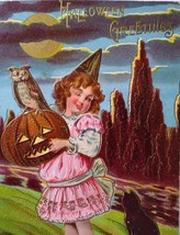 Halloween Postcard Pink Dress Girl Moon Black Cat Owl JOL Pumpkin Sanders 1909 - £42.27 GBP