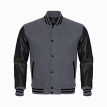 Letterman Varsity Bomber Baseball Jacket Gray Body &amp; Black Leather Sleeves - £88.30 GBP