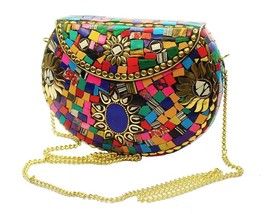 Women Metal Clutch Bag Mosaic style multicolour stone work - $70.20