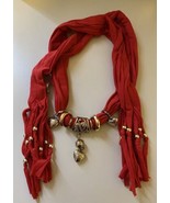 Scarf with Charms~Red Scarf and Gold Charms - $9.90