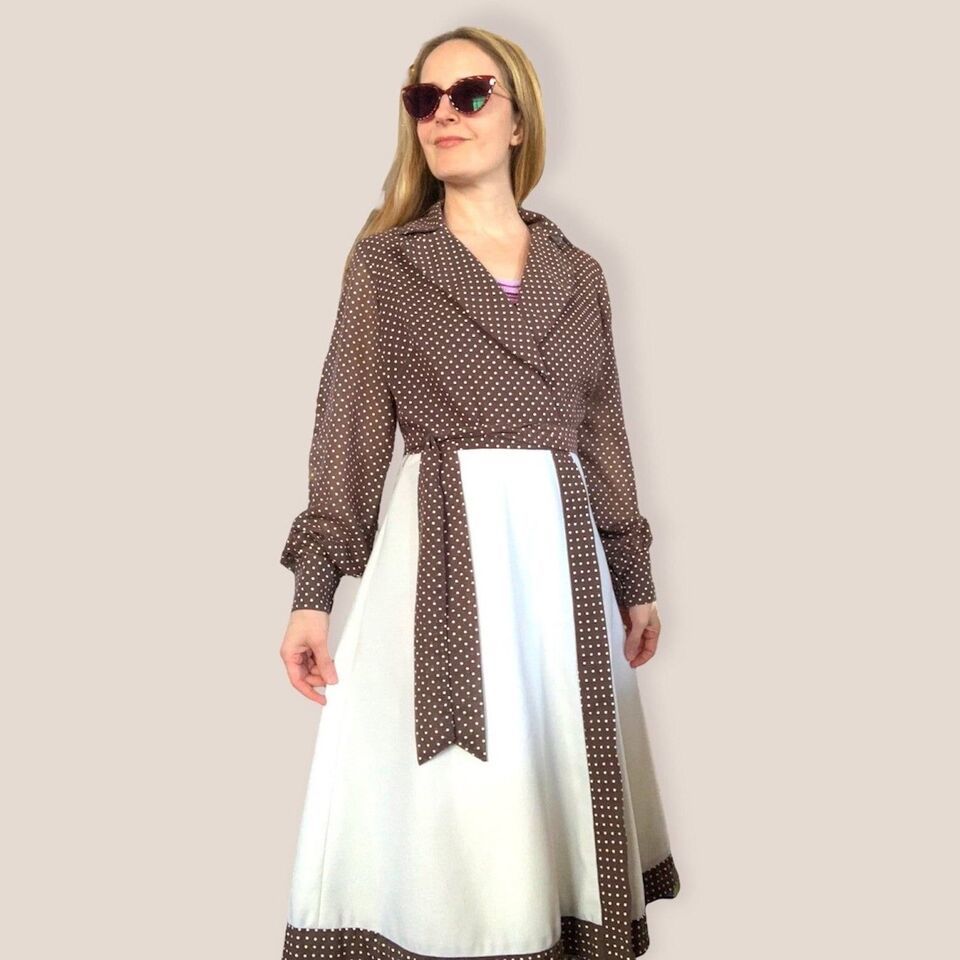 Primary image for Vintage 70s Mod Wrap Dress Brown Polka Dot Long Sleeve Day S