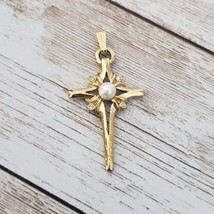 Vintage Pendant Gold Tone Ornate Cross with Faux Pearl (No Chain Included) - £15.17 GBP