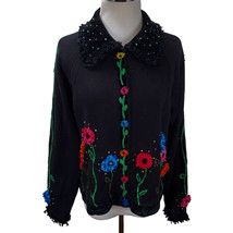 Vintage Berek Embroidered Beaded Linen Cardigan Size L Oversized Ugly Ch... - $36.50