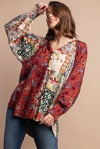 New GIGIO S M L Byzantine Garden Mixed Print V Neck Flowy Hi-Low Hem Top - $26.00