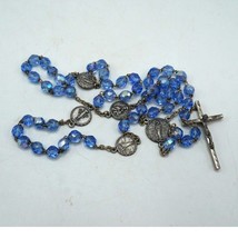 Blue Glass Beaded Chain Rosary Necklace Cross Pendant made in Italy - $24.74