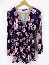 Be Bop Romper Womens Medium Navy Blue Pink Floral Velour V Neck Snap Surplice - £23.33 GBP
