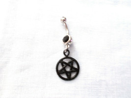 Black Evil Occult Inverted Pentagram Charm 14G Black Cz Belly Ring Barbell - £6.81 GBP