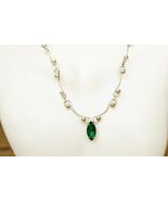 Vintage Costume Jewelry Silver Tone Fancy Link Green Rhinestone Necklace... - $19.79