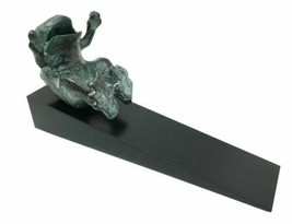 Brass Made Whimsical Laughing Frog Toad Door Stop Stopper With Wood Wedge - $38.99