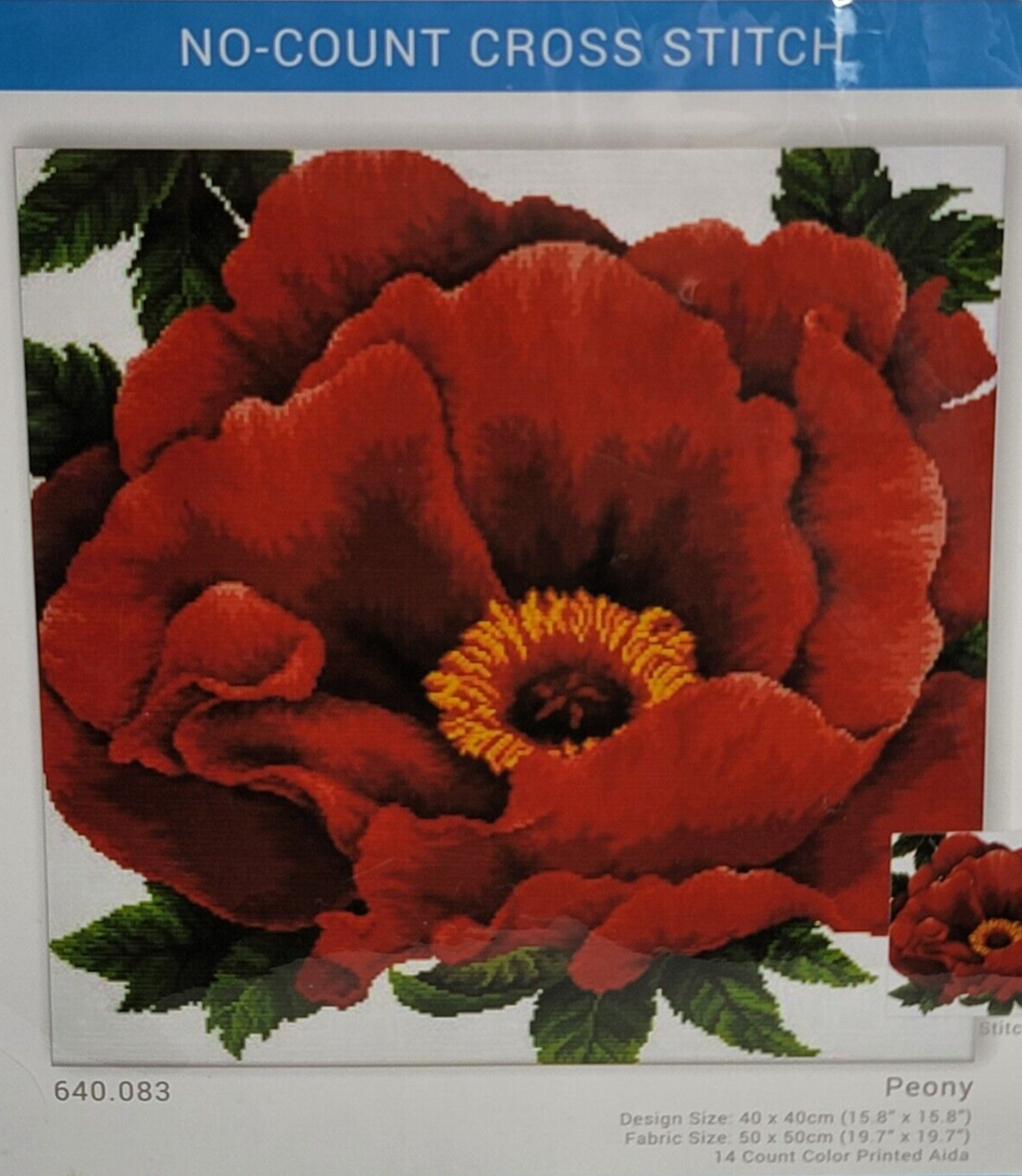 Primary image for Needleart World Red PEONY No Count Printed Cross Stitch Kit NEW 14 Count 640.083