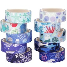 Ocean Blue Washi Tape Set 10 Rolls Silver Foil Print Decorative Masking ... - £15.12 GBP