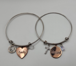 Silver Tone Retractable Charm Bracelets - Family w/ Tree &amp; Blessed with Cross - £11.59 GBP