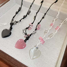 Y2K Accessories Butterfly Beaded Splice Heart Pendant Necklace Pink Crystal Egir - £0.57 GBP