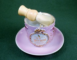 Vintage Shaving Mug w/Saucer And Soap Brush ~ Pink &amp; Gold Bas Relief Decoration - £30.71 GBP