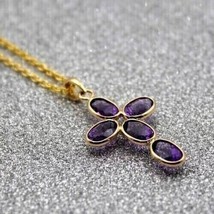 4.00Ct Oval Cut Simulated Amethyst Cross Shape Pendant 14K Yellow Gold Plated - £95.89 GBP