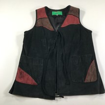 Grownbeans Suede Vest Womens Medium Black Brown Red Tie Front Art to Wear - £43.68 GBP