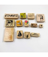 Set of 13 Crafting Stamps Miscellaneous Cat Dog Deer Map Flower Used - $12.86