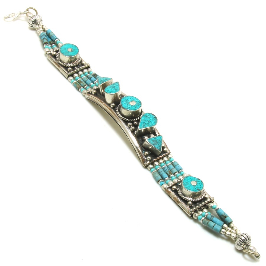 Tibetan Turquoise Gemstone Handmade Fashion Jewelry Bracelet Nepali 7-8" SA 1924 - £11.23 GBP