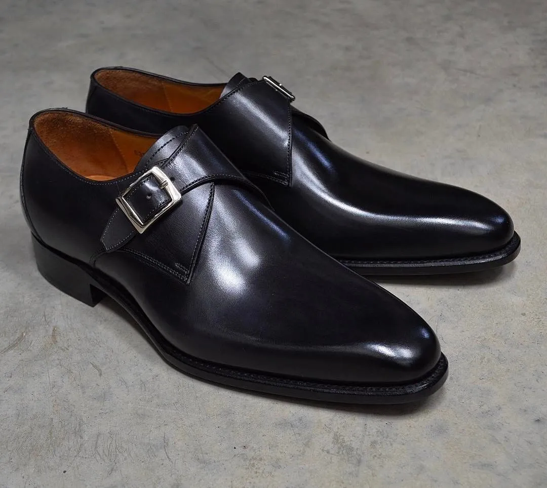 Handmade Men&#39;s Black Leather Monk Plain Round Toe Oxford Dress Formal Shoes - £125.29 GBP