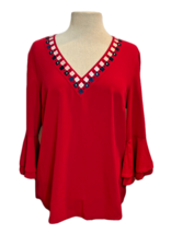 Peter Nygard V-Neck Tunic Top Women M Red White Blue Bell Sleeves - £21.28 GBP