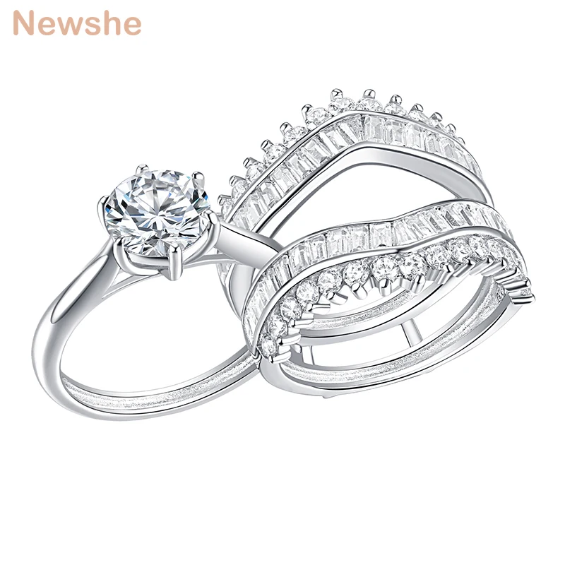 Genuine 925 Silver Solitaire Round Cut Engagement Ring Set Guard Band En... - $71.77