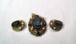 Vintage West Germany Filigree Cameo Necklace Pendant &amp; Earrings Set K1572 - £101.76 GBP