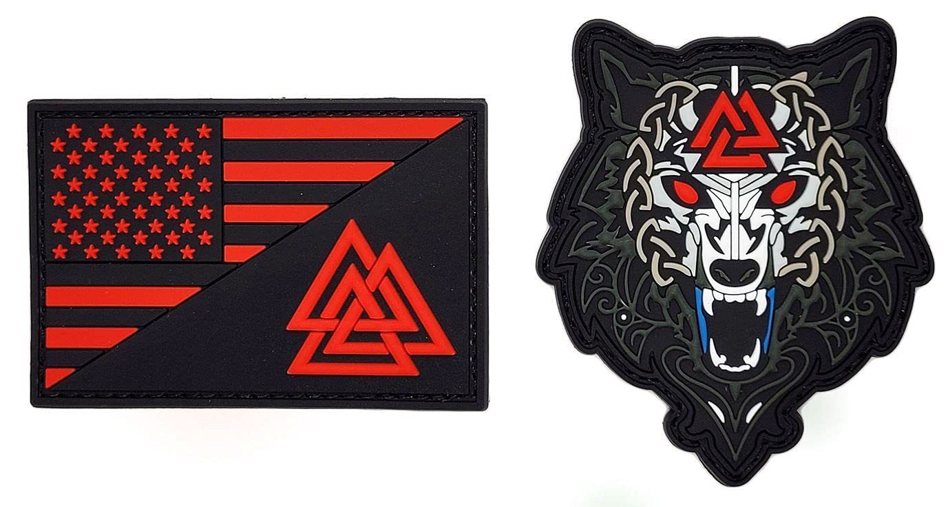 Odin Wolf Viking USA Flag Valknut Patch [2PC -PVC Rubber -Hook Fastener - OP1,WP - $12.99